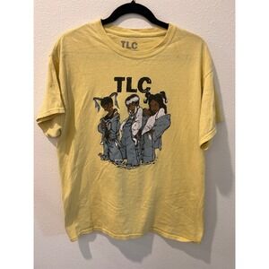 TLC Graphic T-Shirt Large Yellow 90s R&B Hip Hop Cartoon Band Tee Cotton